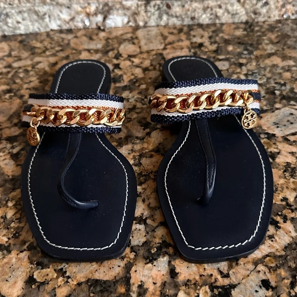 Tory Burch Mini Benton Gold Chain Band Sandal Navy Yonder